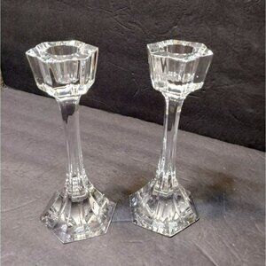 Vintage Atlantis Lead Crystal Candleholders, Set Of 2, 7.5" Hexagonal Glass